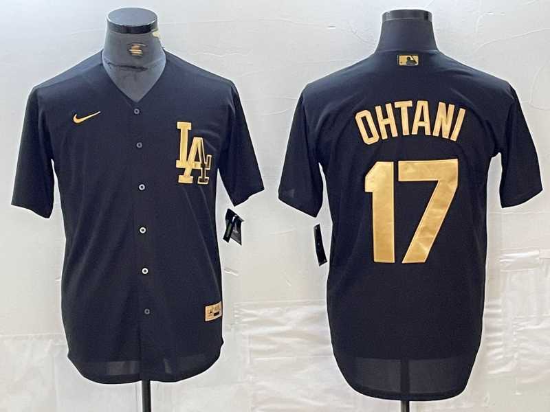 Mens Los Angeles Dodgers #17 Shohei Ohtani Black Gold Cool Base Stitched Jersey